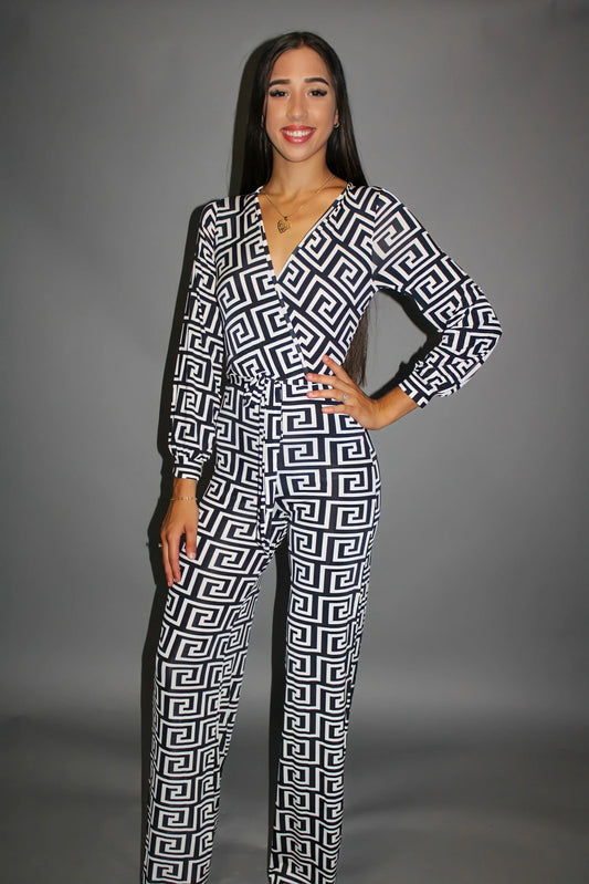 Find a Way Black and Ivory Printed Jumpsuit with Tie Waist