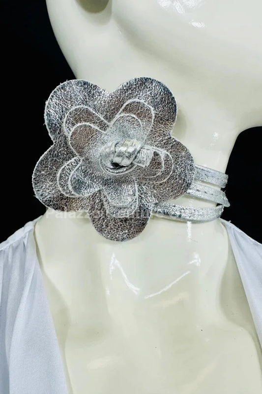 Floral Radiance Convertible Leather Wrap Belt & Choker (Silver)