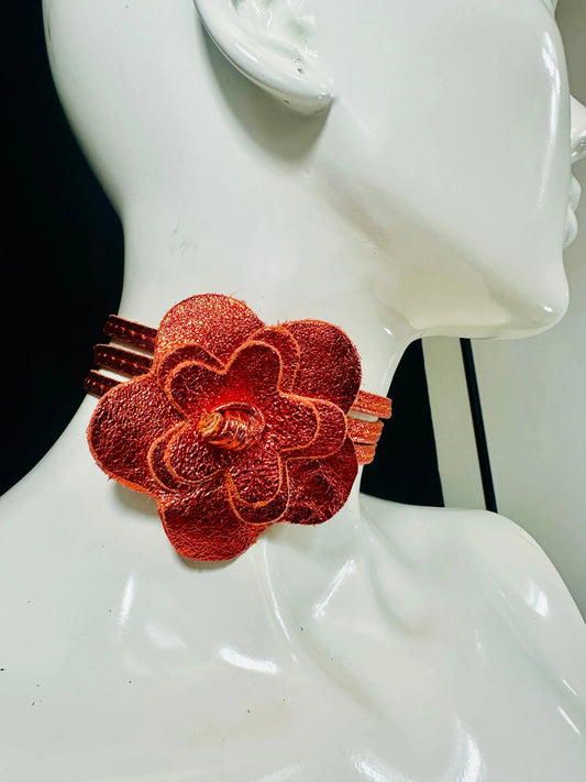 Floral Radiance Leather Wrap Belt & Choker – Orange