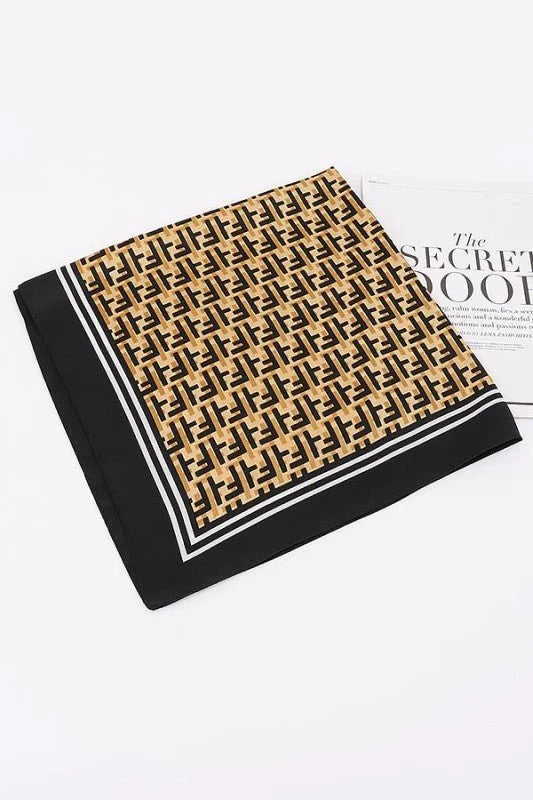 Luxe Monogram Bandana – Black Silk Feel Geometric Scarf