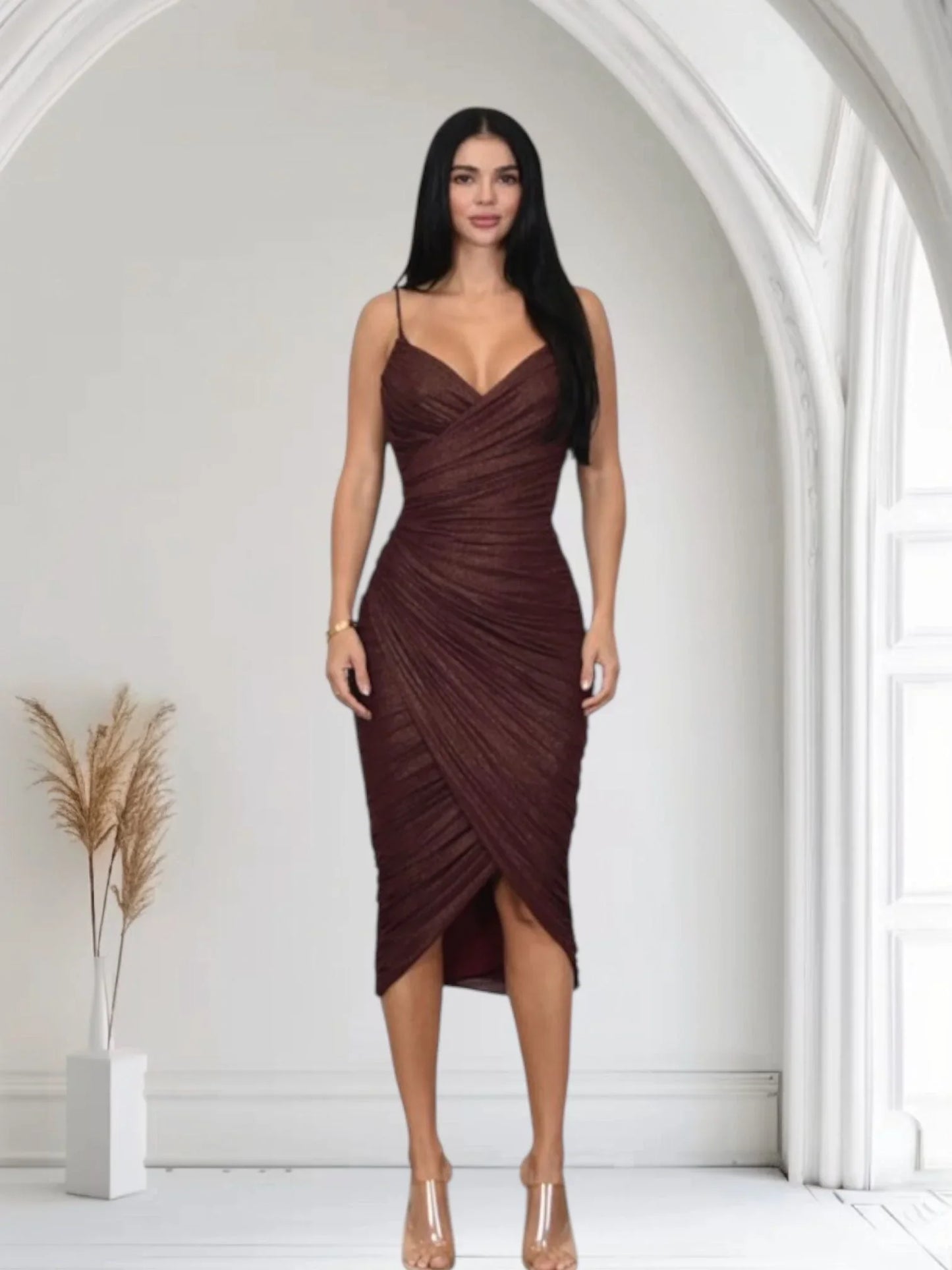 Gilded Allure Ruched Mesh Midi Dress - Merlot