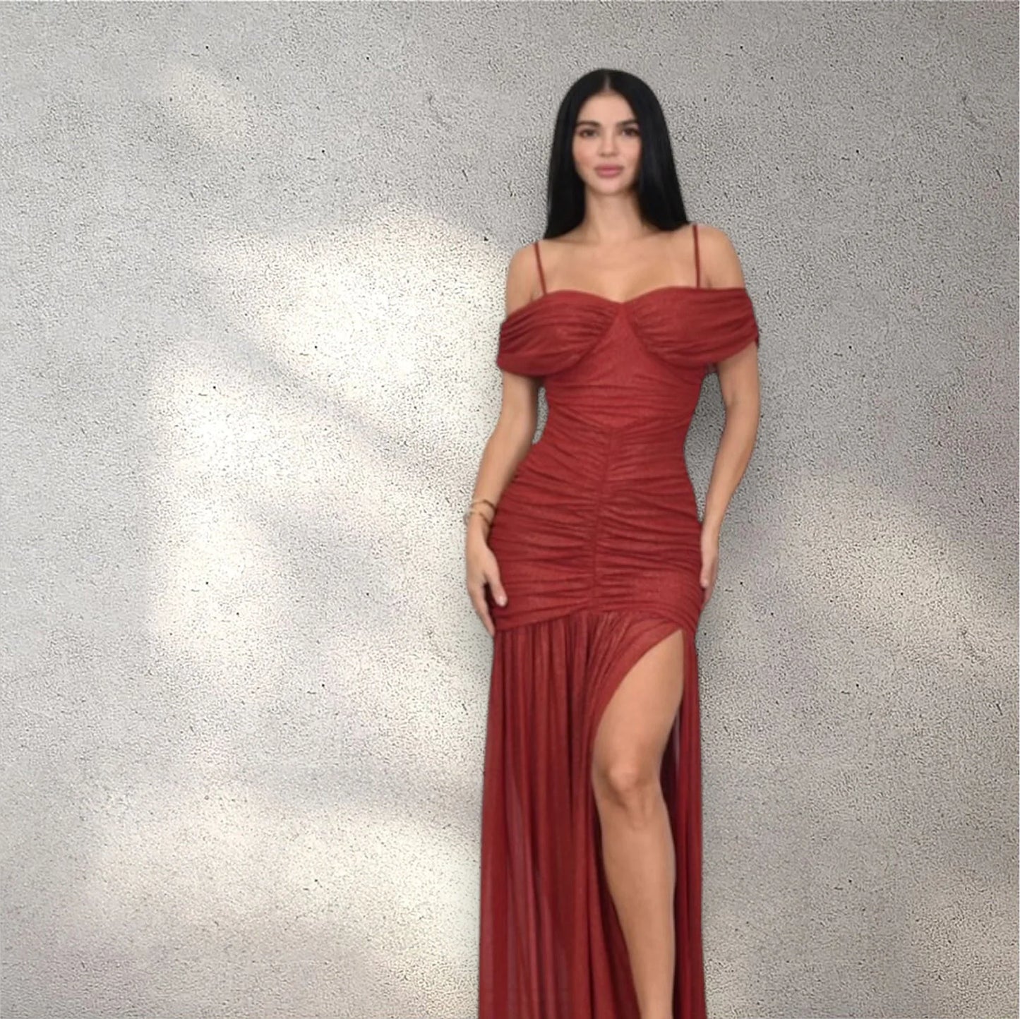 Gilded Radiance Off-Shoulder Maxi Dress – Red