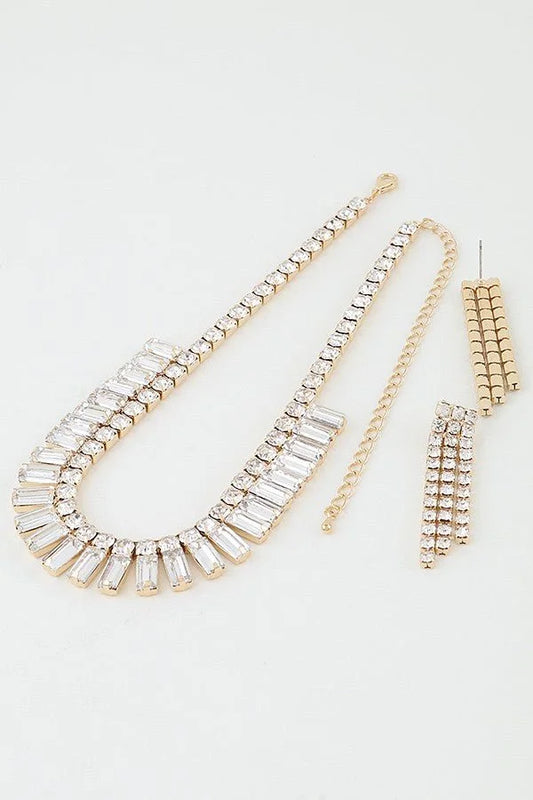 Gold Square Cut Rhinestone Statement Necklace Set