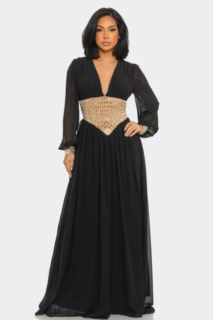 Golden Empress Belted Maxi Dress - Black