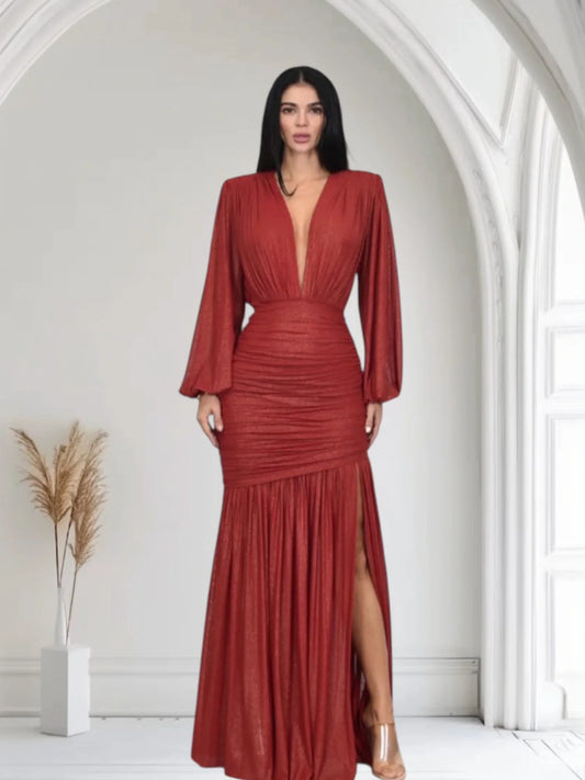 Golden Muse Metallic Foil Maxi Dress- Red