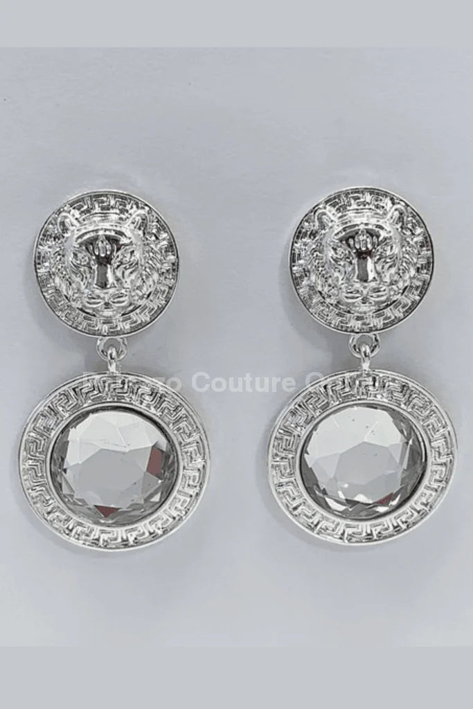 Greek Lion earrings Emblem Drop Earrings with Crystal Detail