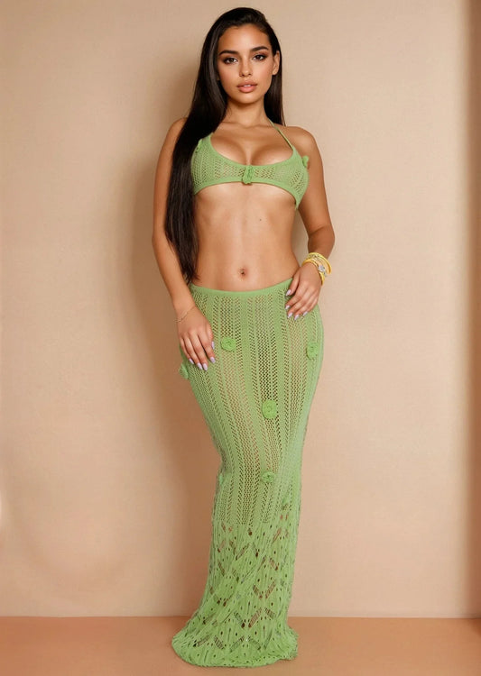Island Bloom Knit Skirt Set- Green
