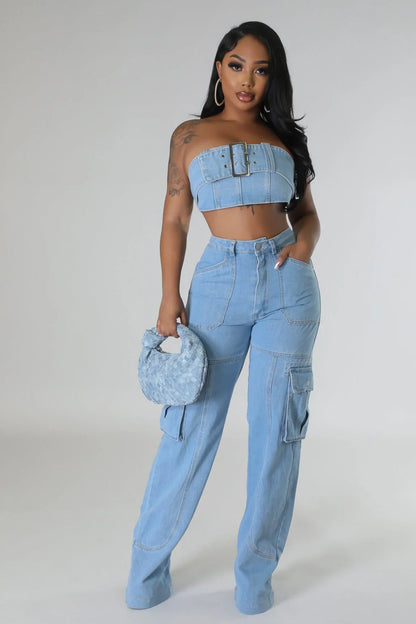 Jances Denim Pant Set with Tube Top and High-Waist Jeans