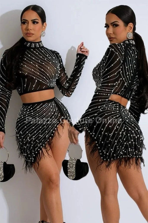 Karla Mesh Skirt Set with Pearls