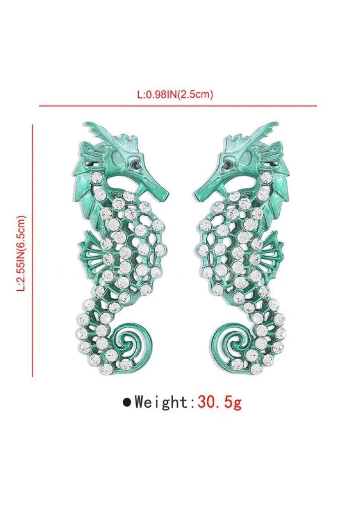 Large Seahorse Earrings Full Rhinestone Drop  (Green)
