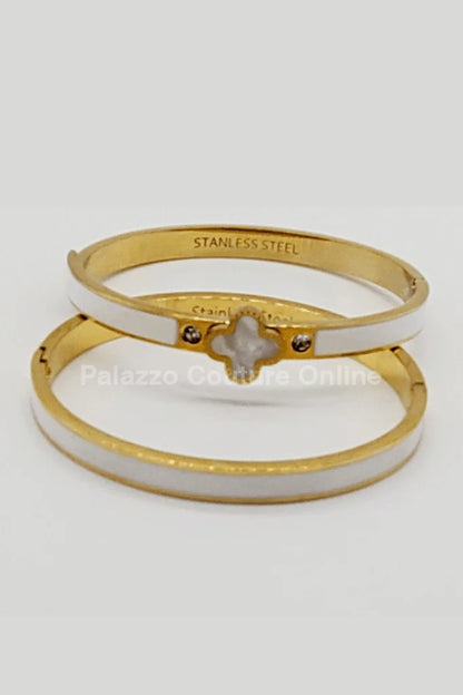 Lucky Clover Narrow Enamel Hinged Bangle Clover (White )