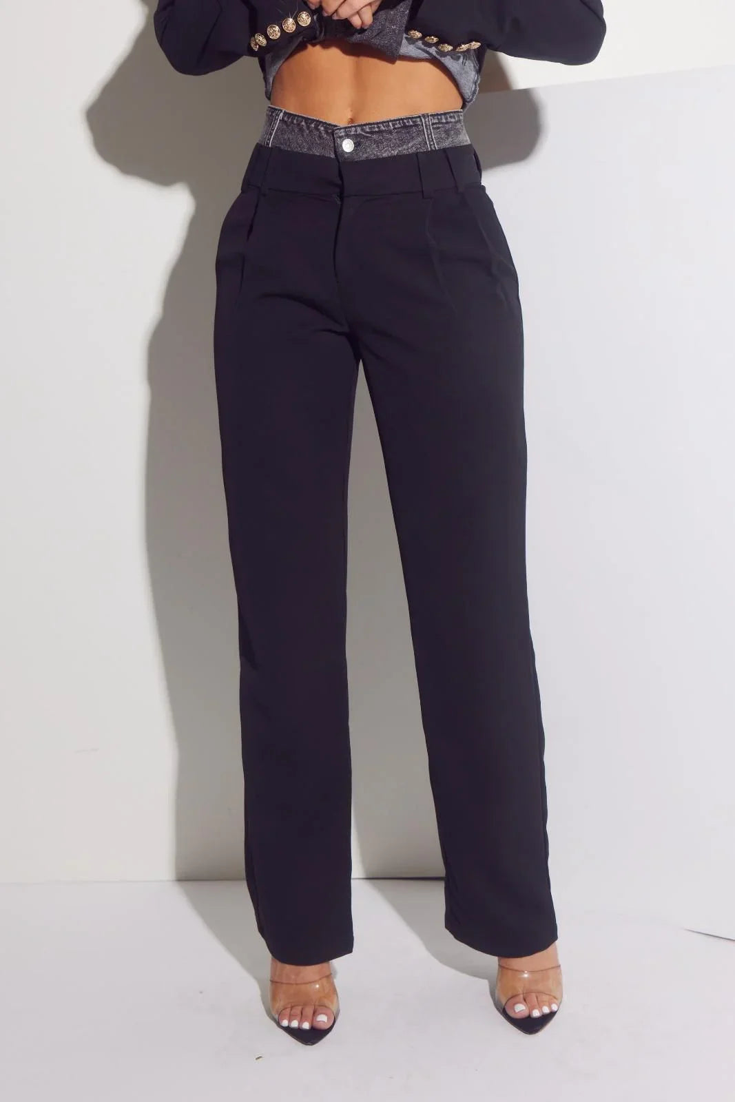Luxe Denim Contrast Blazer & Pants Set Black Grey Wash