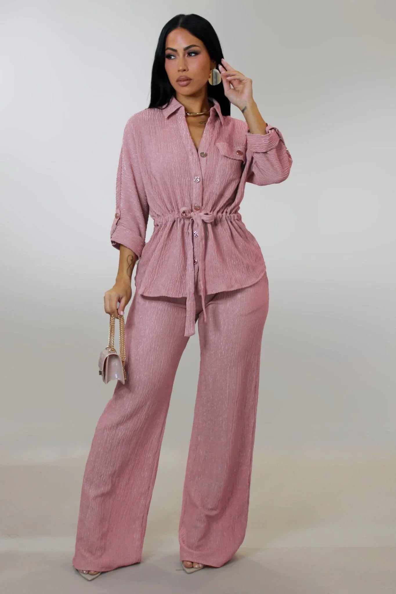 Luxe Essence Pleated Pant Set - Pink