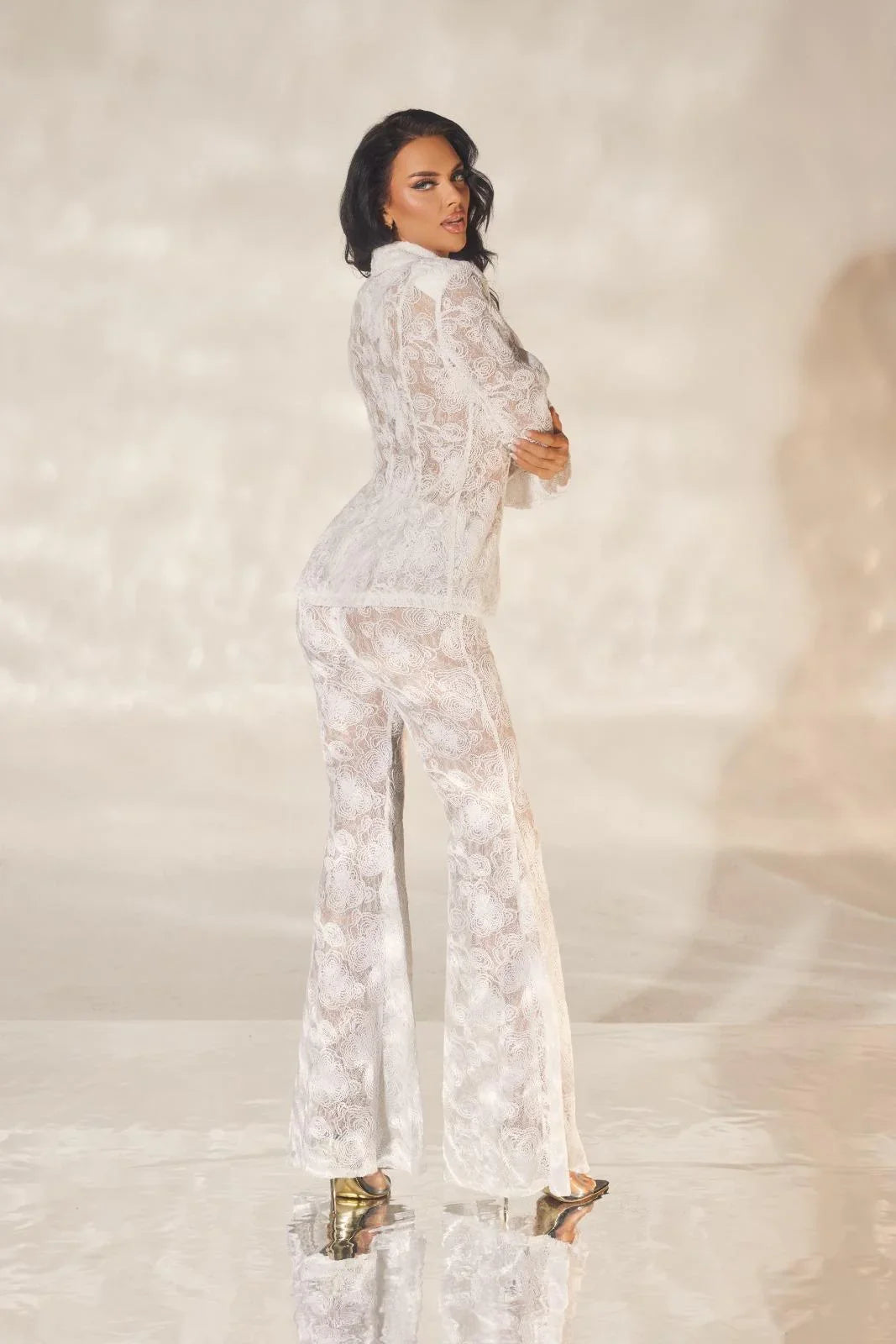 Luxe Lace Blazer & Flare Pant Set - White