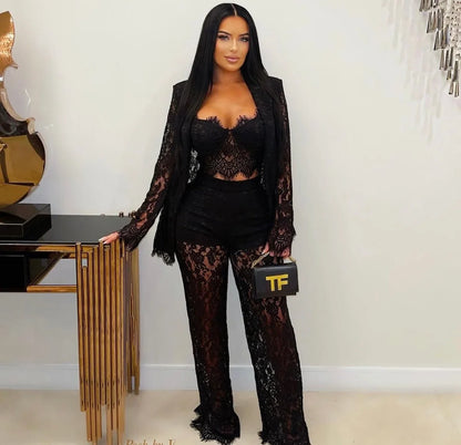 Luxe Lace Elegance 3-Piece Pant Set -Black