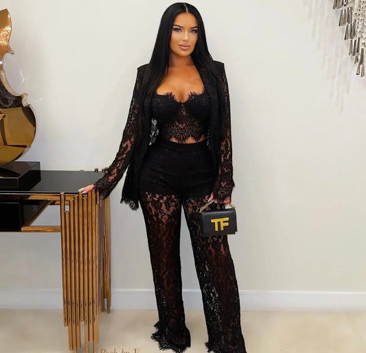 Luxe Lace Elegance 3-Piece Pant Set -Black
