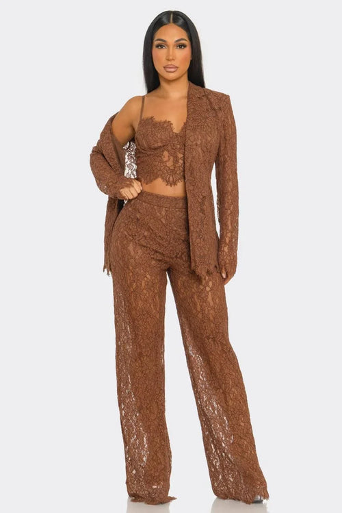 Luxe Lace Elegance 3-Piece Pant Set - Brown