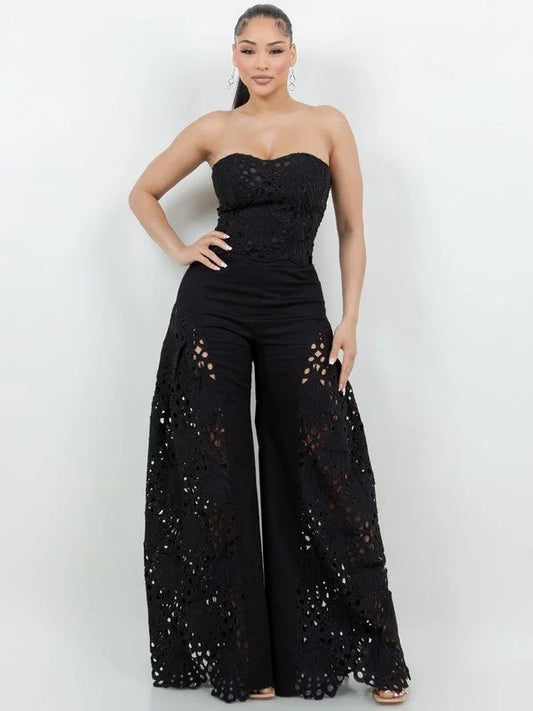 Luxe Lace Strapless Corset & Wide Leg Pant Set -  Black