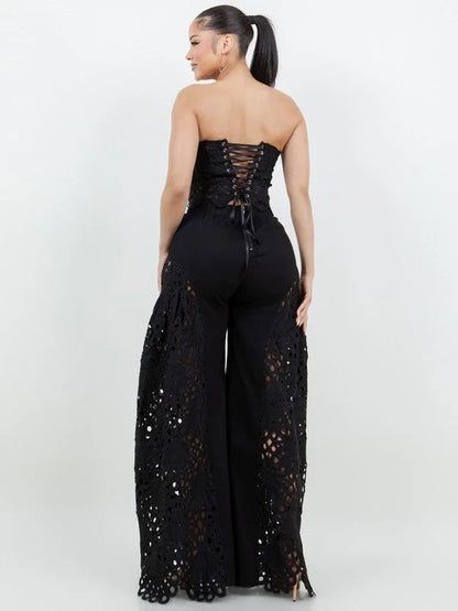 Luxe Lace Strapless Corset & Wide Leg Pant Set -  Black