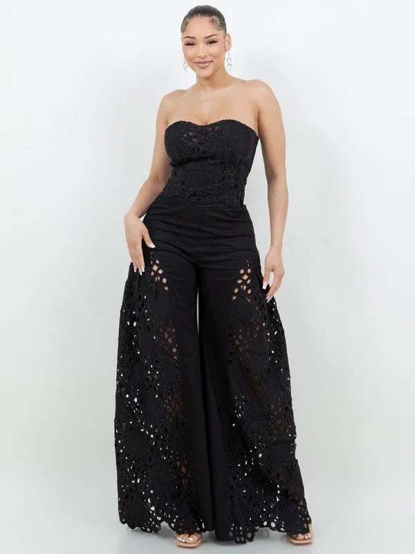 Luxe Lace Strapless Corset & Wide Leg Pant Set -  Black