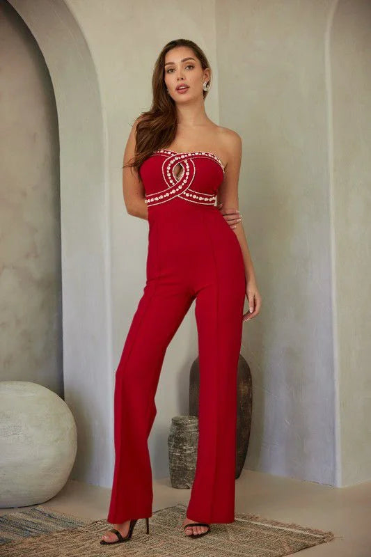 Luxe Rhinestone Strapless Jumpsuit (red)