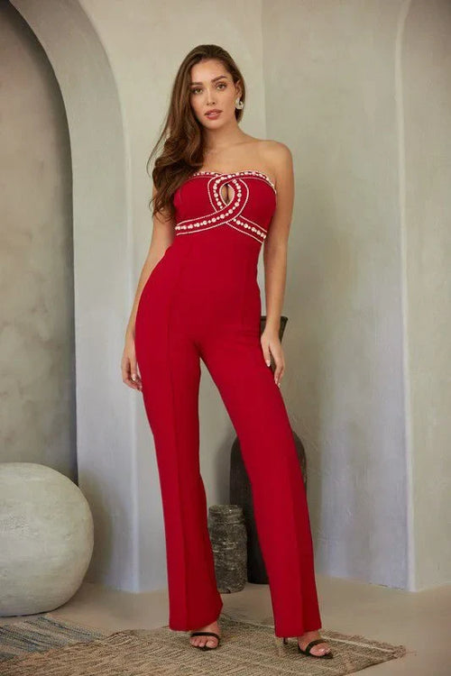 Luxe Rhinestone Strapless Jumpsuit (red)