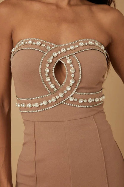 Luxe Rhinestone Strapless Jumpsuit (White)