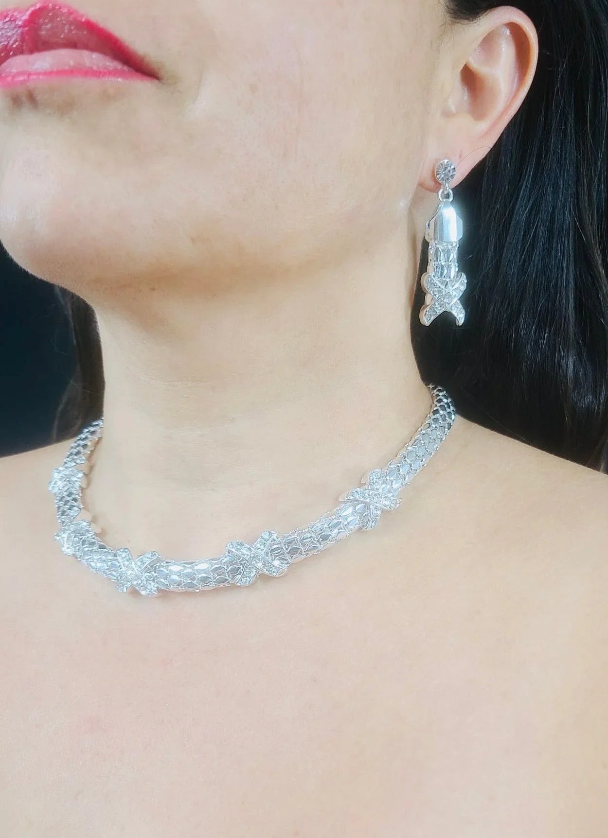 Luxe X-Cross Necklace Set (Silver)