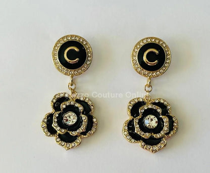 Luxury Flower Drop Earrings – Black and Gold Crystal Statement