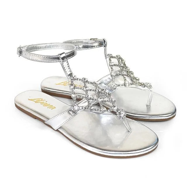 Marlo Rhinestone Faux Jeweled Flat Sandals -Silver