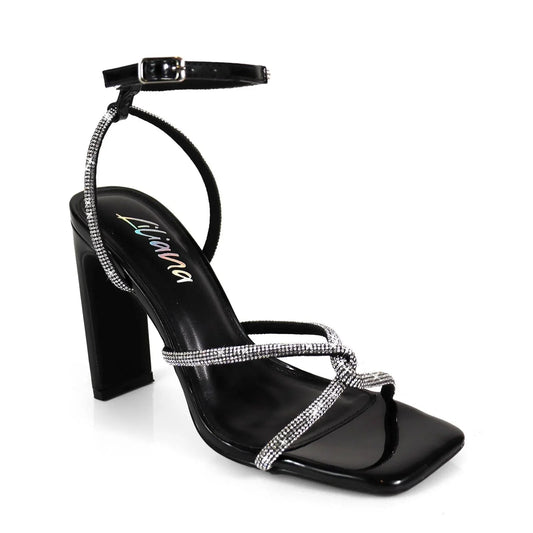 Mayan Luxe Black Block Heels with Rhinestone Straps