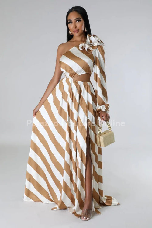 Meet Me In Dubai Gold Satin Dress with One Shoulder Design