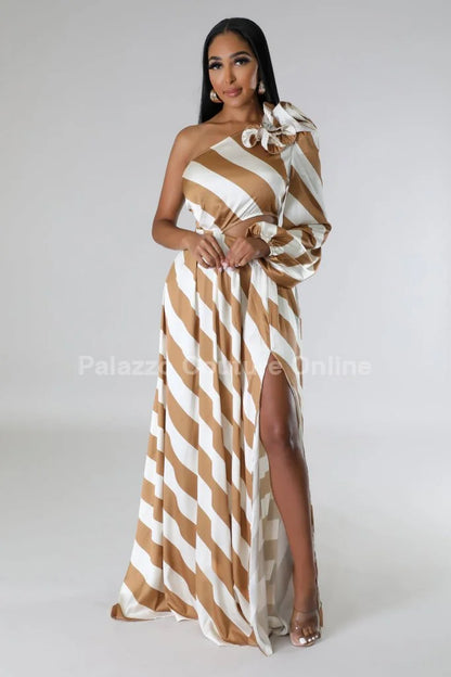 Meet Me In Dubai Gold Satin Dress with One Shoulder Design
