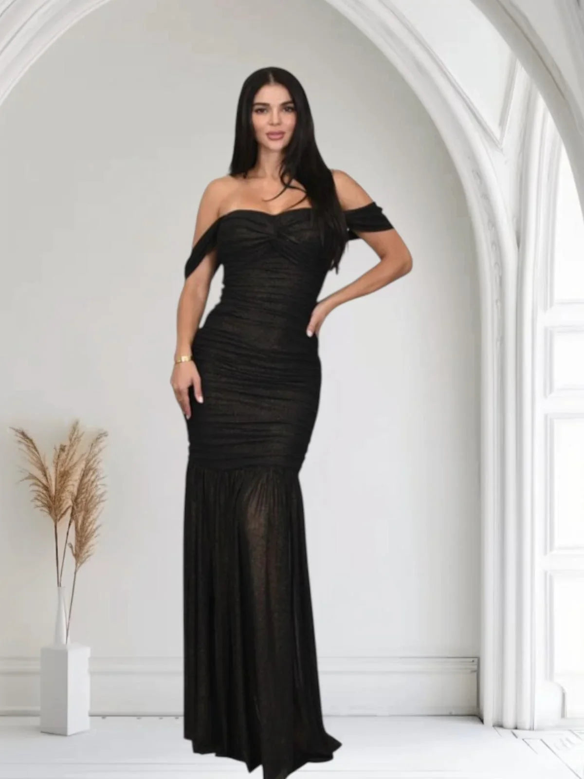 Metallic Gold Foil On Ruched Mesh Maxi Dress - Black