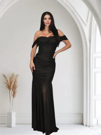 Metallic Gold Foil On Ruched Mesh Maxi Dress - Black