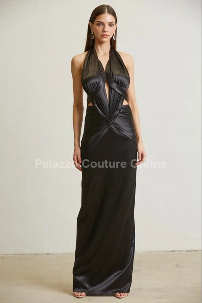 Midnight Elegance Black Satin Dress – Pleated Maxi Gown