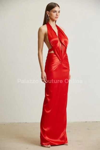Midnight Elegance Red Satin Dress – Pleated Maxi Gown