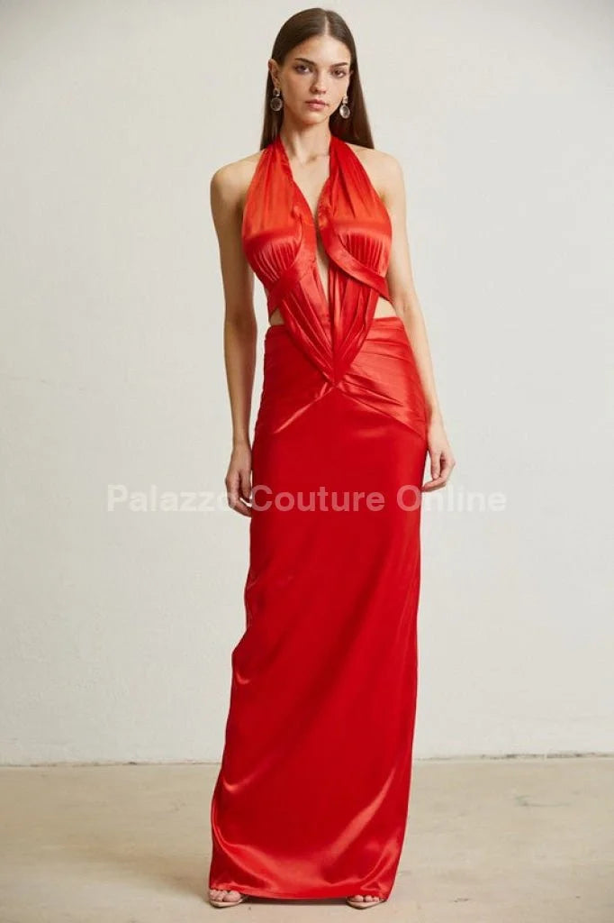 Midnight Elegance Red Satin Dress – Pleated Maxi Gown