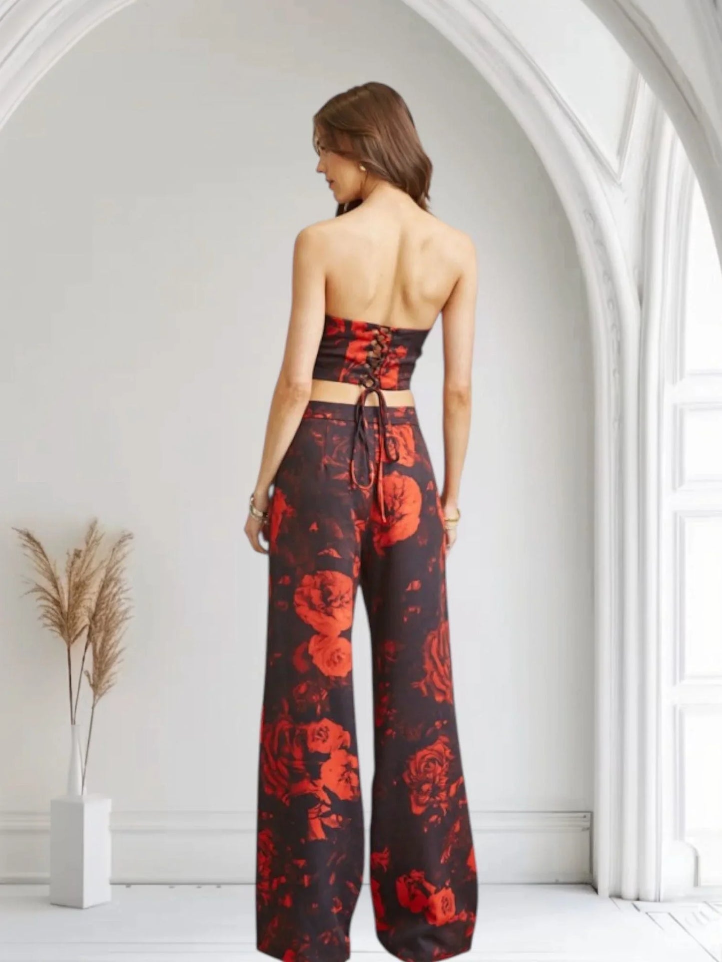 Midnight Rose Corset Pant Set - BlackRed