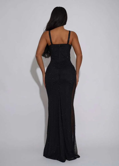 Midnight Stardust Rhinestone High-Slit Maxi Dress- Black