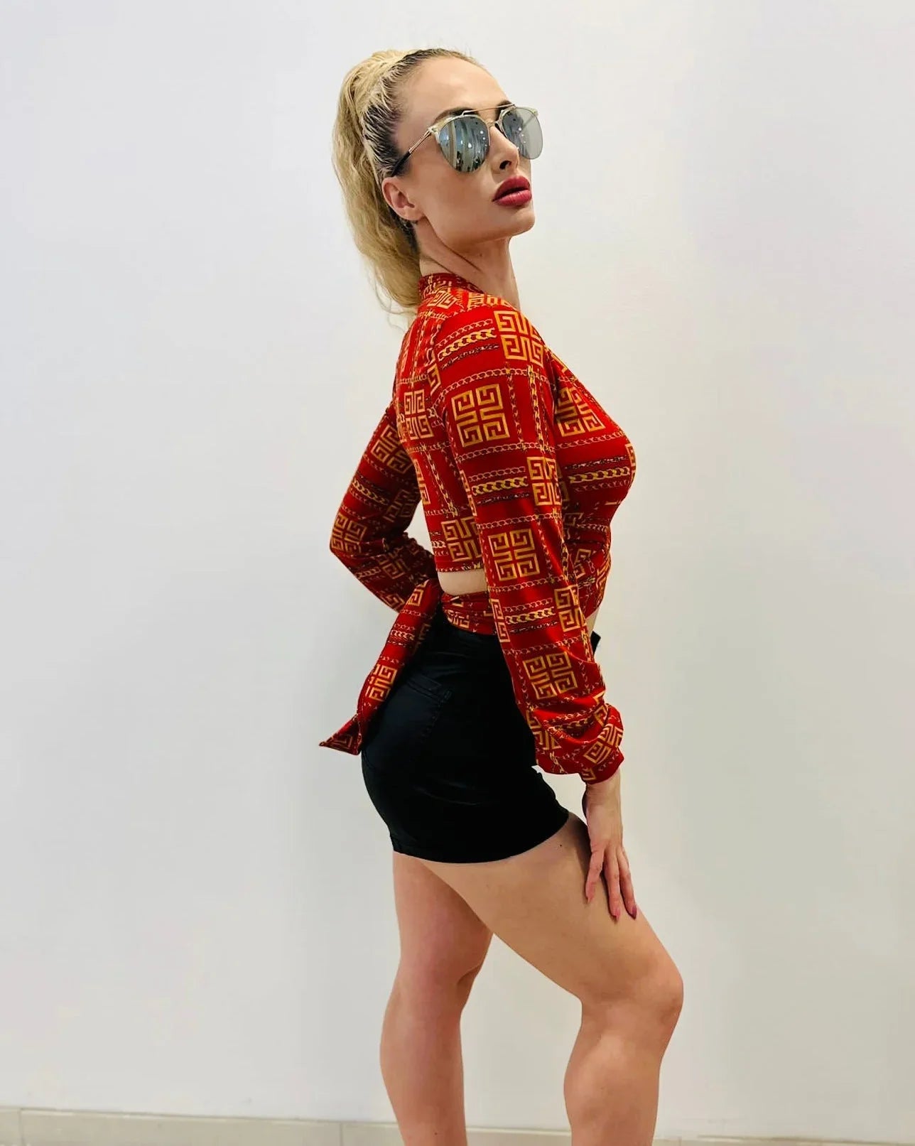 Milan Red Crop Top with Wrap Front and Long Sleeves