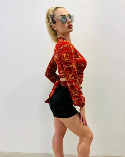 Milan Red Crop Top with Wrap Front and Long Sleeves