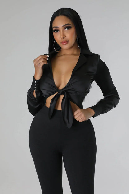 Monaco Black Silk Blouse with Pearl Detail Tie Front