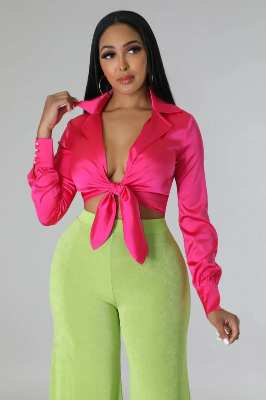 Monaco Silk Fuchsia Blouse – Satin Tie-Front Crop Top