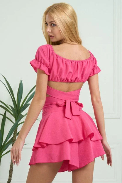 Off Shoulder in Cap Sleeve & Waist Shorts Set