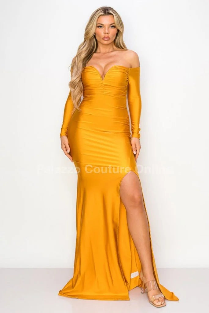 Off shoulder Long Sleeve Wire Bra Sweetheart Maxi Dress (Mustard)