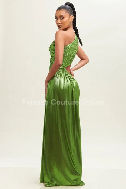 One Shoulder Pleated Gown Maxi Dress (Moss)