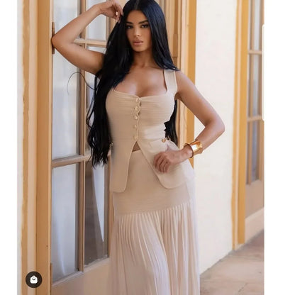 Parisian Pleat Elegance 2-Piece Skirt Set - Natural