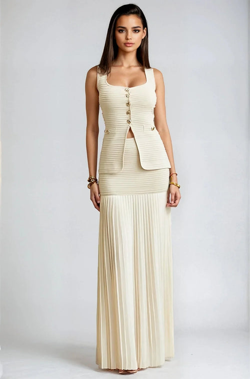 Parisian Pleat Elegance 2-Piece Skirt Set - Natural