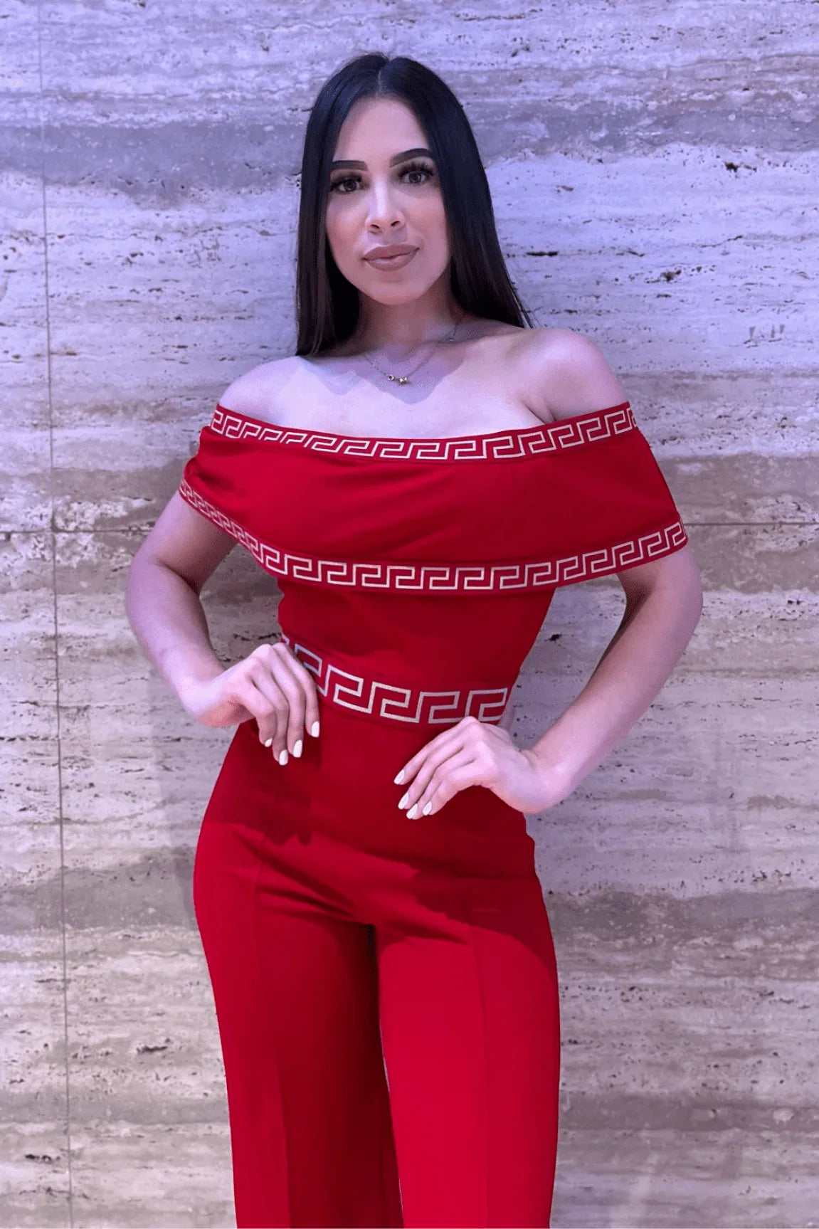 Passion Red Jumpsuit with Off-Shoulder Design and Stretch Fit